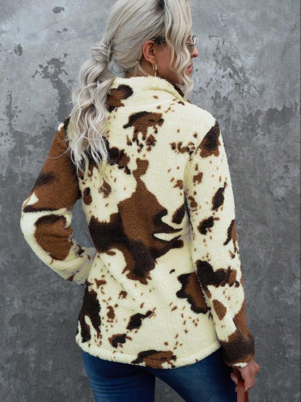 Women's Fuzzy Cow Print Half Zip Teddy Graphic Sweatshirt, Casual Long Sleeve Collared Pullover for Women, Fashion Women's Going Out Outfits, Cozy Fall Outfits for Women, 2024 Black Friday Early Deals