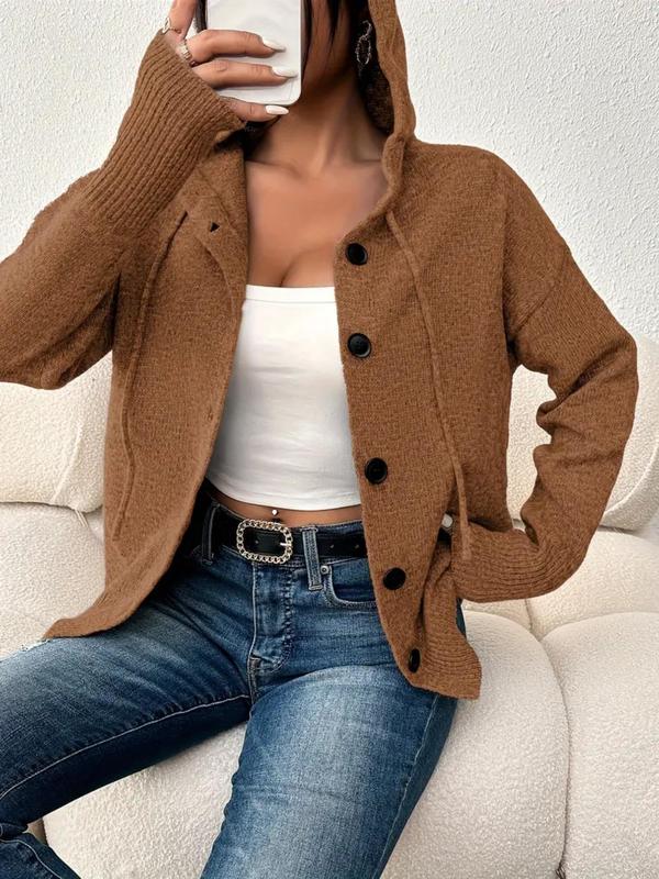 Women's Plain Button Front Drawstring Hooded Cardigan, Casual Drop Shoulder Long Sleeve Knitwear for Fall & Winter, Women's Knit Clothing for Daily Wear