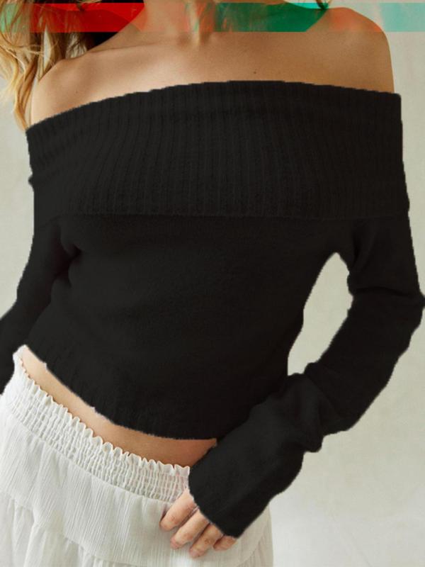 Women's Solid Color Off Shoulder Minimalist Sweater for Spring & Fall, Mean Girls Casual Chic Flattering Fit Long Sleeve Jumper, Women's Tops, Women's Sweaters Knitwear for Daily Wear, Women's Fall Clothing, Going Out Tops
