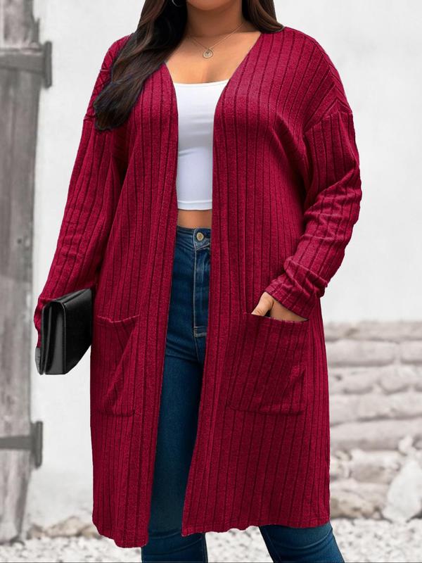  Solid Color Drop Shoulder Pocket Ribbed Cardigan, Casual Long Sleeve Open Front Knitwear for Fall & Winter, Women's Plus Clothing for Daily Wear