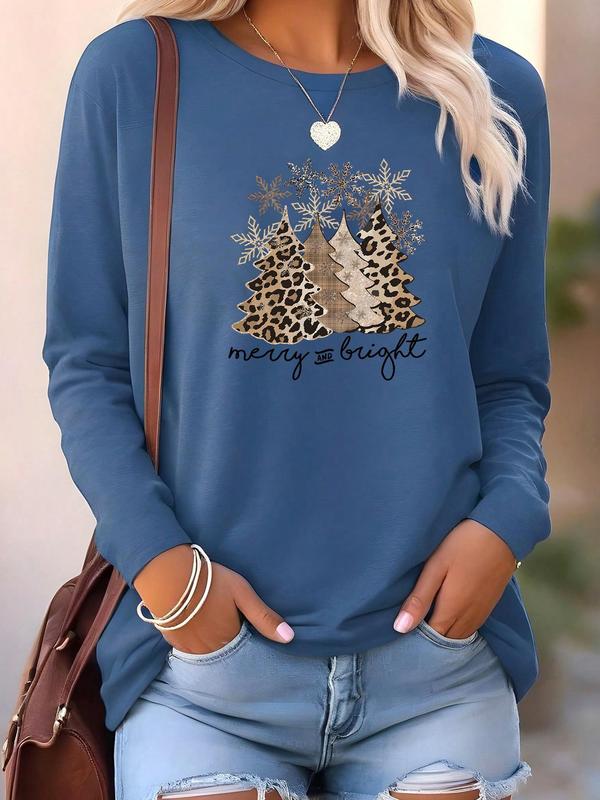Women's Leopard Print Christmas Tree Print Round Neck Sweatshirt, Casual Long Sleeve Crew Neck Pullover for Fall & Winter, Women's Clothes for Daily Wear