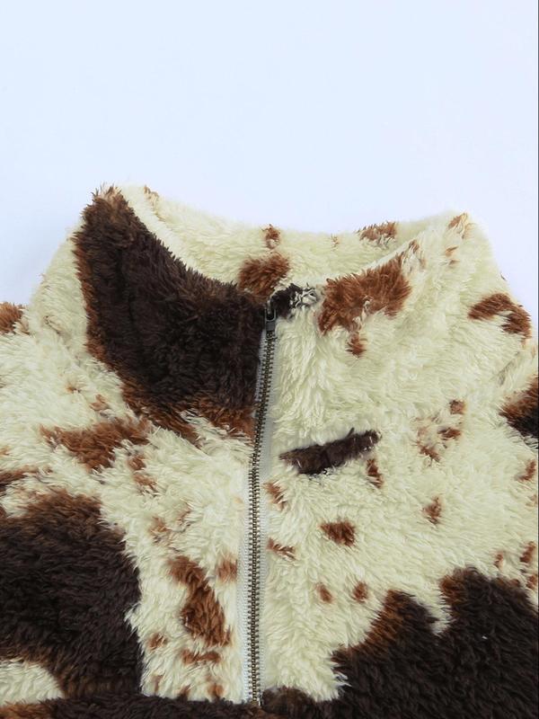 Women's Fuzzy Cow Print Half Zip Teddy Graphic Sweatshirt, Casual Long Sleeve Collared Pullover for Women, Fashion Women's Going Out Outfits, Cozy Fall Outfits for Women, 2024 Black Friday Early Deals