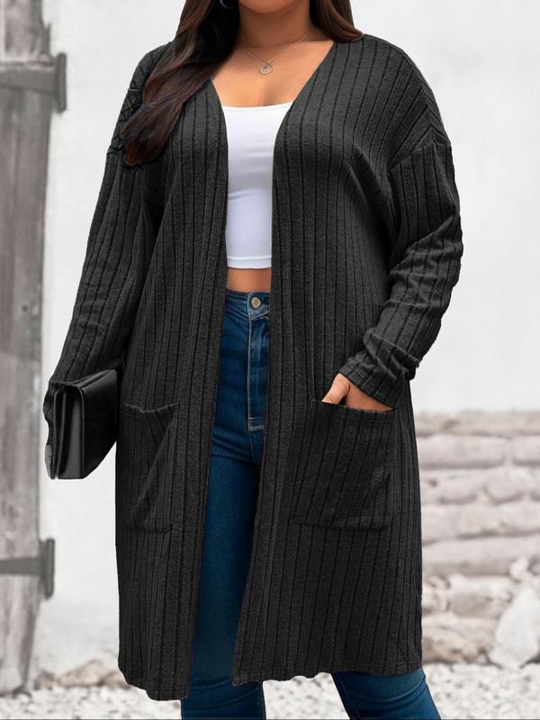  Solid Color Drop Shoulder Pocket Ribbed Cardigan, Casual Long Sleeve Open Front Knitwear for Fall & Winter, Women's Plus Clothing for Daily Wear