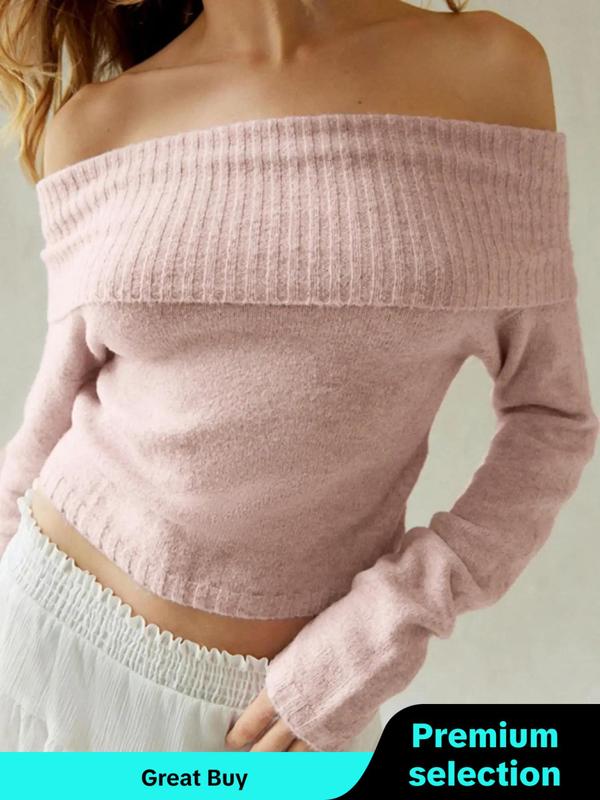 Women's Solid Color Off Shoulder Minimalist Sweater for Spring & Fall, Mean Girls Casual Chic Flattering Fit Long Sleeve Jumper, Women's Tops, Women's Sweaters Knitwear for Daily Wear, Women's Fall Clothing, Going Out Tops