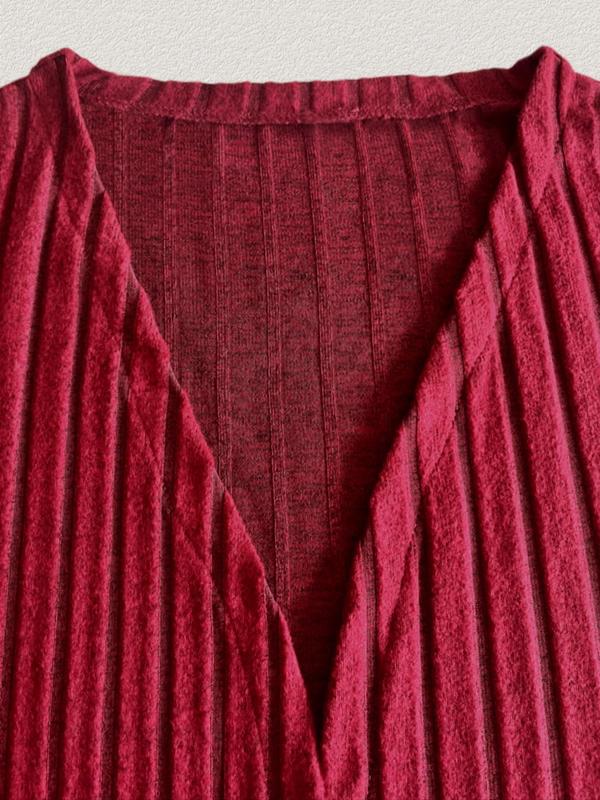  Solid Color Drop Shoulder Pocket Ribbed Cardigan, Casual Long Sleeve Open Front Knitwear for Fall & Winter, Women's Plus Clothing for Daily Wear