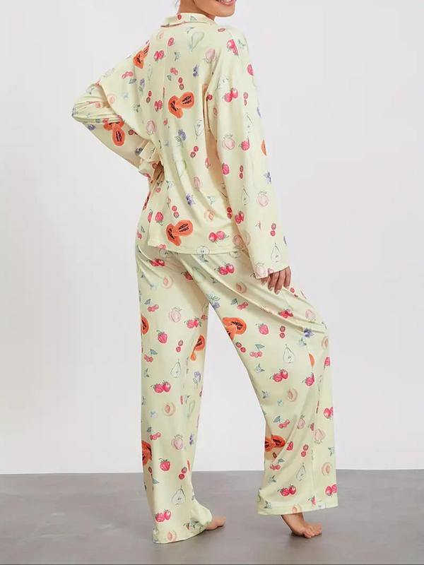Women's All Over Print Button Front Pajama Two-piece Set, Casual Comfy Drop Shoulder Long Sleeve Top & Pants PJ Set, Ladies Sleepwear for All Seasons