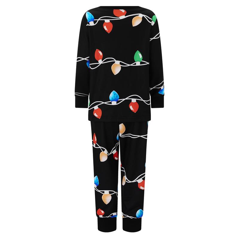 Black Christmas Pajamas For Family Family Matching Christmas Pajama Set String Light Print Long Sleeve Tops Elastic Waist Long Pants