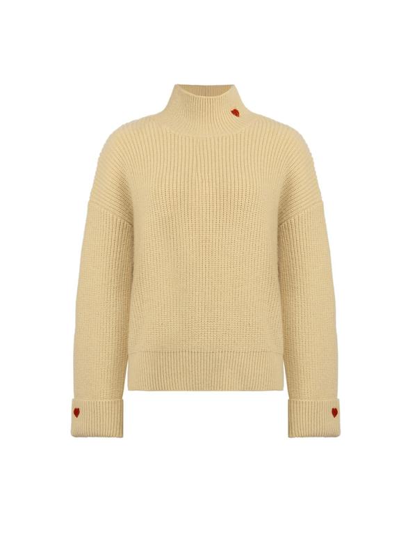 Women's Heart Print Drop Shoulder Sweater, Casual Long Sleeve Stand Collar Jumper for Fall & Winter, Fashion Ladies' Knitwear for Daily Wear