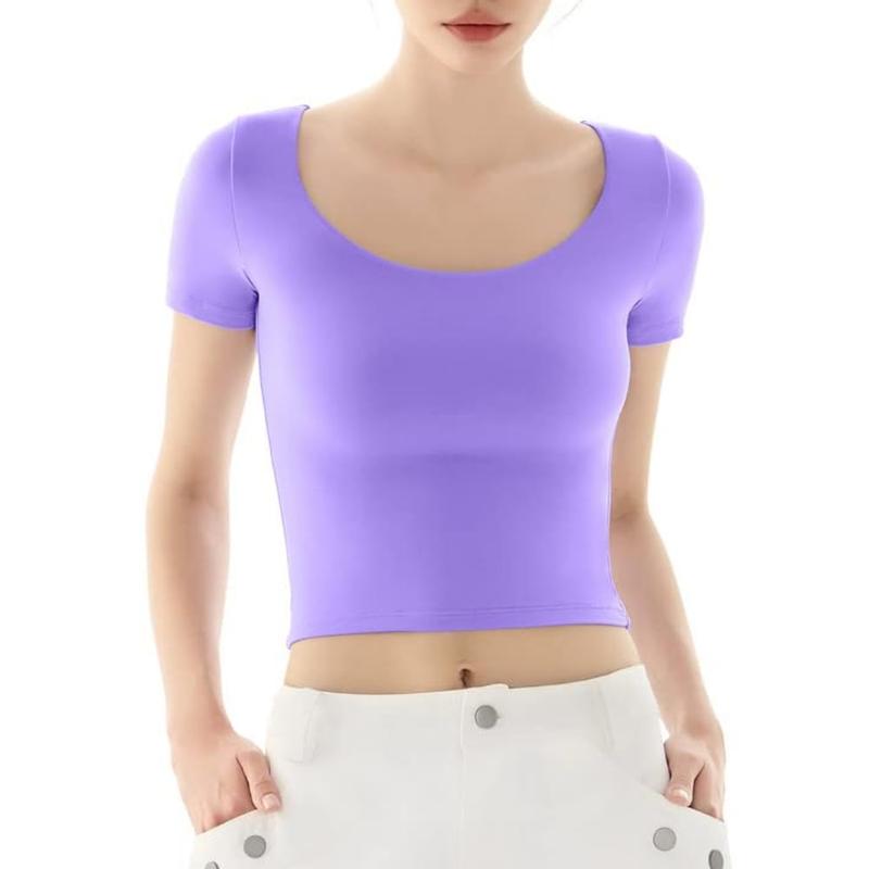 PUMIEY Women's Scoop Neck Short Sleeve T-Shirt Slim Fit Sexy Tops Womenswear Underwear Streetwear Minimalist Shortsleeve White Crop Top skims tee Lady Comfort Summer Tshirt Skinny