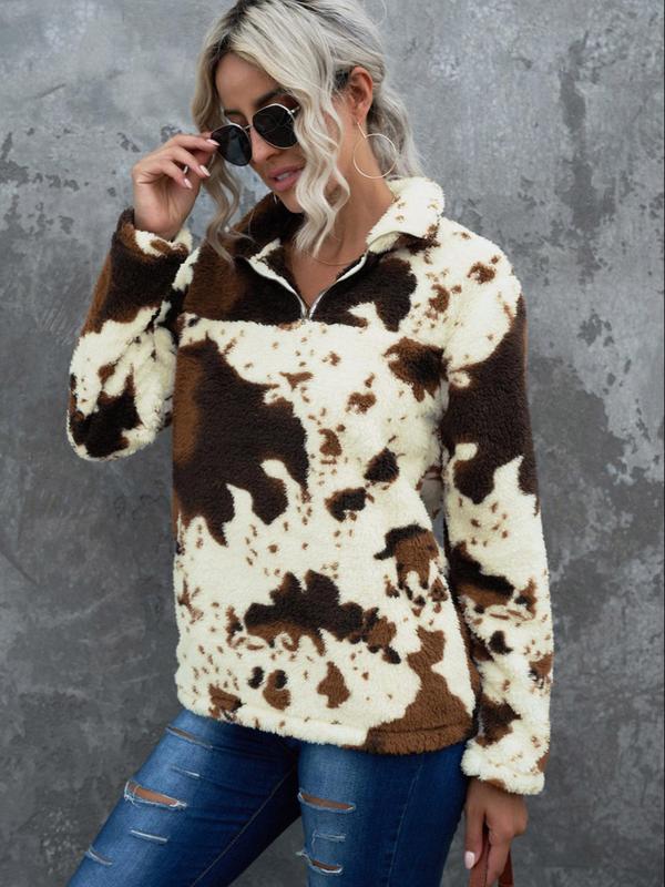 Women's Fuzzy Cow Print Half Zip Teddy Graphic Sweatshirt, Casual Long Sleeve Collared Pullover for Women, Fashion Women's Going Out Outfits, Cozy Fall Outfits for Women, 2024 Black Friday Early Deals