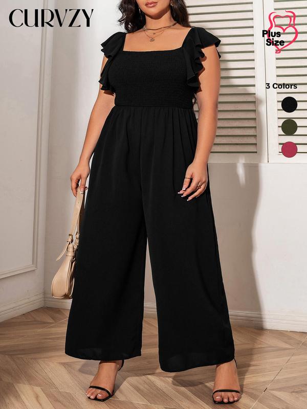 CURVZY Plus Size Plain Butterfly Sleeve Wide Leg Jumpsuit, Elegant Square Neck Shirred Jumpsuit, Women's Summer Clothes for Daily Wear