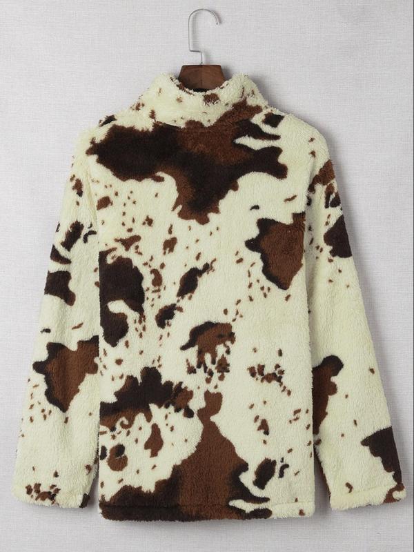 Women's Fuzzy Cow Print Half Zip Teddy Graphic Sweatshirt, Casual Long Sleeve Collared Pullover for Women, Fashion Women's Going Out Outfits, Cozy Fall Outfits for Women, 2024 Black Friday Early Deals