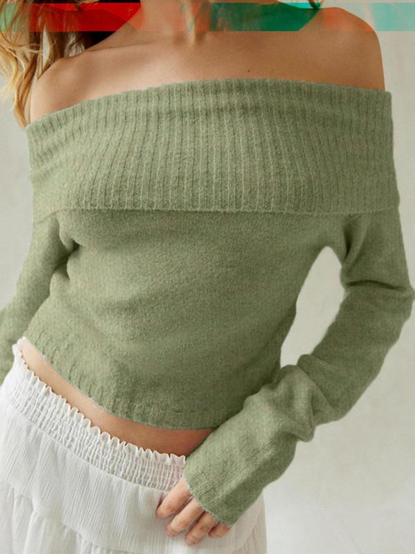 Women's Solid Color Off Shoulder Minimalist Sweater for Spring & Fall, Mean Girls Casual Chic Flattering Fit Long Sleeve Jumper, Women's Tops, Women's Sweaters Knitwear for Daily Wear, Women's Fall Clothing, Going Out Tops