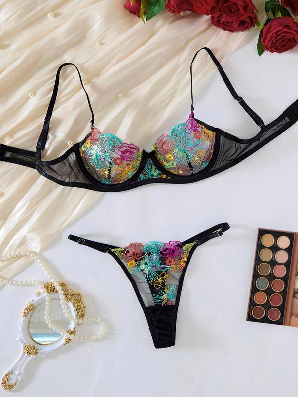Women's Floral Embroidery Sheer Sexy Lingerie Two-piece Set, Adjustable Strap Bra & Thong Set, Soft Comfy Breathable Lingerie Set for Women
