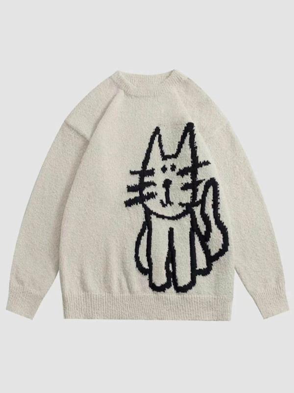 Women's Cartoon Cat Print Round Neck Sweater, Casual Long Sleeve Crew Neck Jumper for Fall & Winter, Fashion Ladies' Knitwear for Daily Wear