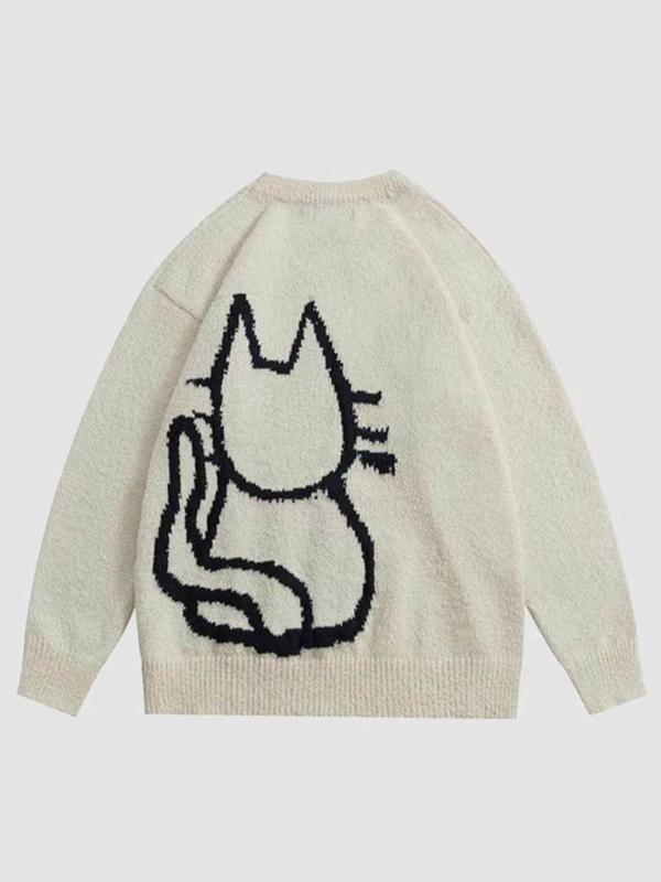 Women's Cartoon Cat Print Round Neck Sweater, Casual Long Sleeve Crew Neck Jumper for Fall & Winter, Fashion Ladies' Knitwear for Daily Wear