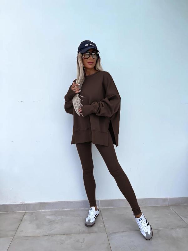Two-Piece Set Women's Solid Drop Shoulder Split Hem Sweatshirt & Skinny Pants, Casual Fashion Cozy Round Neck Long Sleeve Pullover & High Waist Trousers for Daily Outdoor Wear, Women's Clothing for Fall & Winter