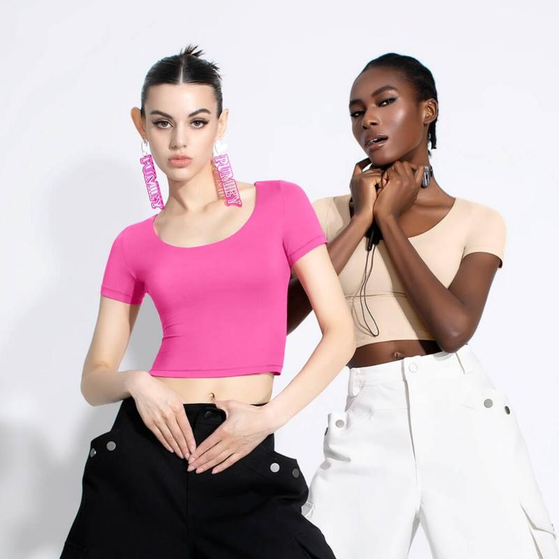 PUMIEY Women's Scoop Neck Short Sleeve T-Shirt Slim Fit Sexy Tops Womenswear Underwear Streetwear Minimalist Shortsleeve White Crop Top skims tee Lady Comfort Summer Tshirt Skinny