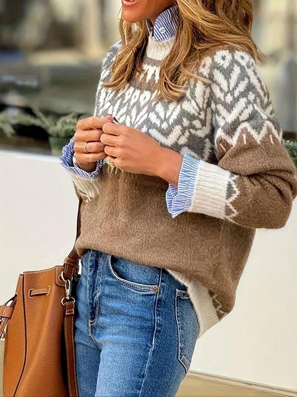 Women's Colorblock Geometric Print Raglan Sleeve Sweater, Casual Long Sleeve Round Neck Jumper for Fall & Winter, Fashion Ladies' Knitwear for Daily Wear