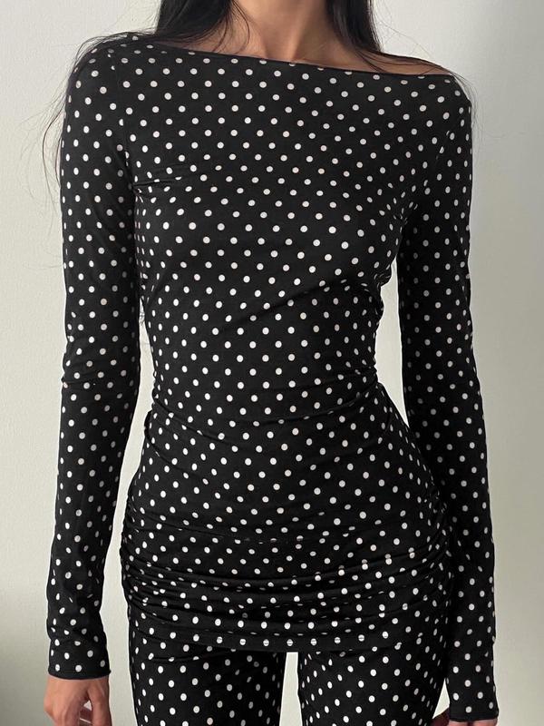 Women's Polka Dot Print Boat Neck Tee, Casual Long Sleeve T-shirt for Fall & Winter, Women's Clothing for Daily Wear