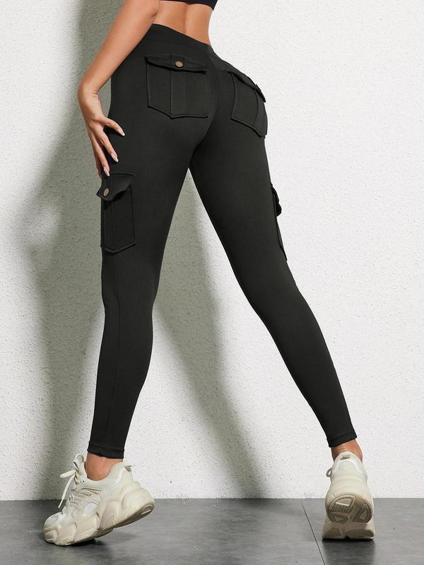 Women's Plain Button Flap Pocket High Waist Leggings, Casual Comfy Breathable Skinny Cargo Pants for Daily Wear, Leggings for Women, Ladies Bottoms for All Seasons