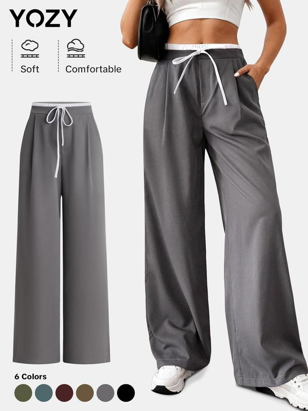 YOZY Christmas Deals, Women's Patchwork Drawstring Waist Straight Leg Pants, Casual Comfy Plicated Pocket Trousers for Daily Wear, Ladies Bottoms for All Seasons, Christmas 2024 Trend, Fall & Winter Clothes