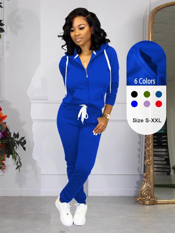 Two-piece Set Women's Solid Zip Up Hoodie & Drawstring Waist Pants Set, Casual Long Sleeve Hooded Sweatshirt & Pocket Trousers for Fall & Winter, 2 Piece Sets Women, Women's Clothes for Daily Wear
