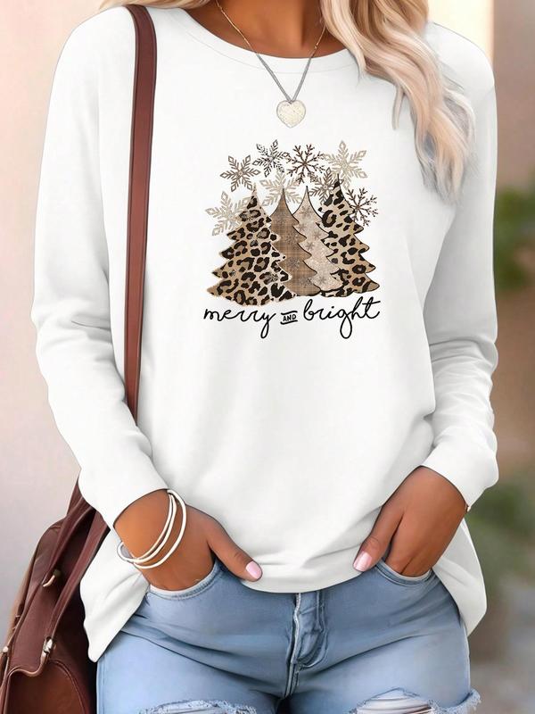 Women's Leopard Print Christmas Tree Print Round Neck Sweatshirt, Casual Long Sleeve Crew Neck Pullover for Fall & Winter, Women's Clothes for Daily Wear