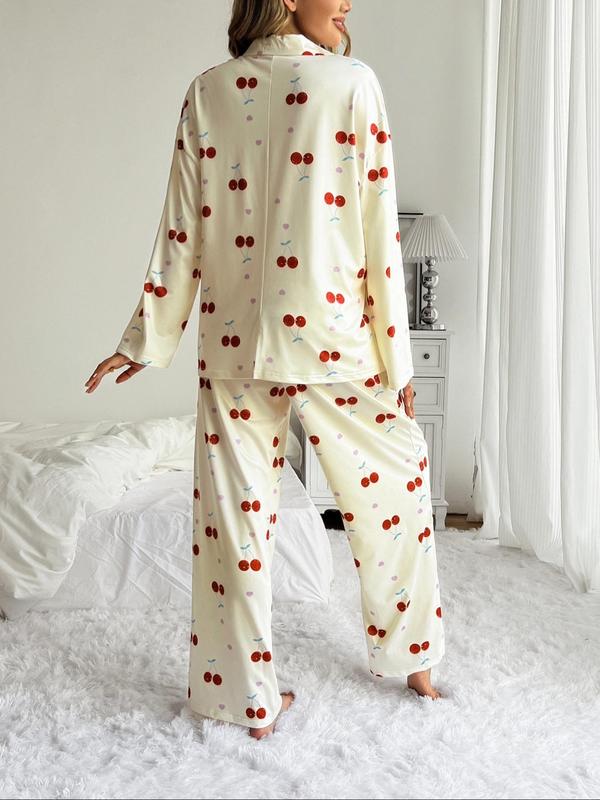 Women's All Over Print Button Front Pajama Two-piece Set, Casual Comfy Drop Shoulder Long Sleeve Top & Pants PJ Set, Ladies Sleepwear for All Seasons