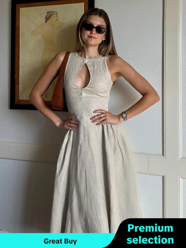 Women's Plain Cut Out Button Front Tank Dress, Elegant Dresses, Sleeveless Zipper Back A Line Dress for Party Holiday Wedding Guest, Dresses for Women, Ladies Clothes for Fall, Homecoming Dresses, Birthday Outfit Black Girl