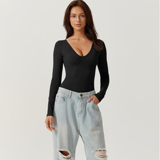 QINSEN Women's Long Sleeve Bodysuit V Neck Body Suits Seamed Cup Going Out Tops Shirt Womenswear Underwear