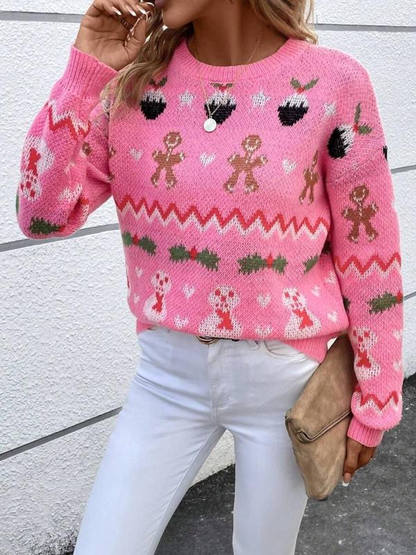 Christmas Deals Women's Christmas Print Drop Shoulder Sweater, Casual Long Sleeve Round Neck Jumper for Daily Wear, Ladies Knitwear for All Seasons, Christmas 2024 Trend