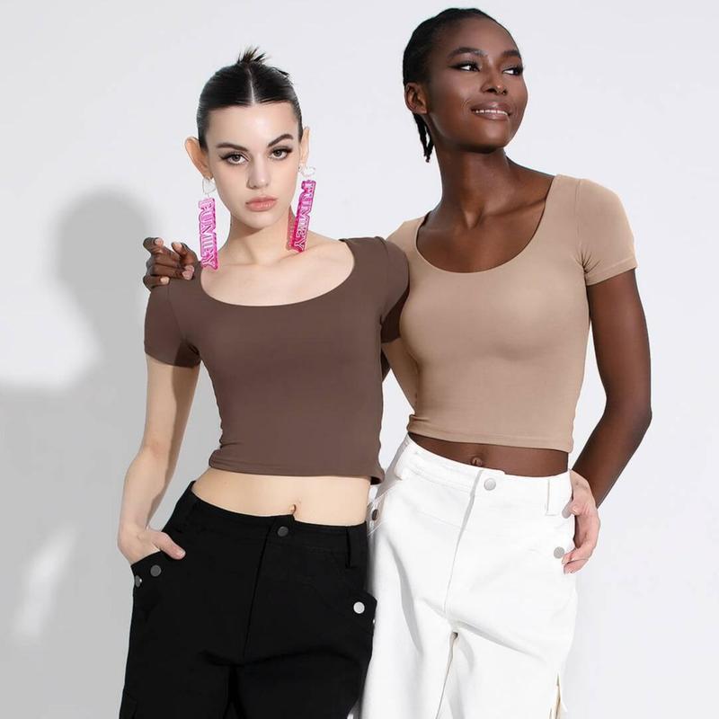 PUMIEY Women's Scoop Neck Short Sleeve T-Shirt Slim Fit Sexy Tops Womenswear Underwear Streetwear Minimalist Shortsleeve White Crop Top skims tee Lady Comfort Summer Tshirt Skinny