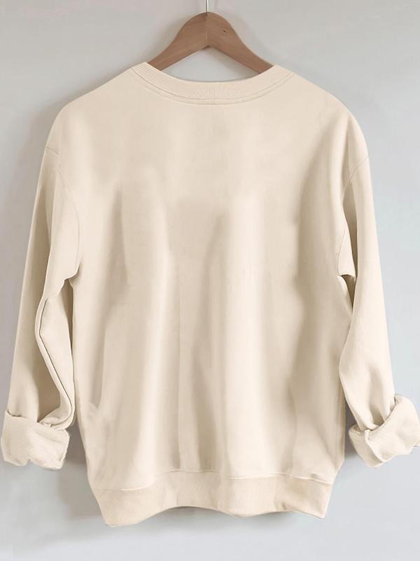 Women's Cross & Heart & Letter Print Round Neck Sweatshirt, Casual Long Sleeve Pullover for Daily Wear, Ladies Summer Clothes