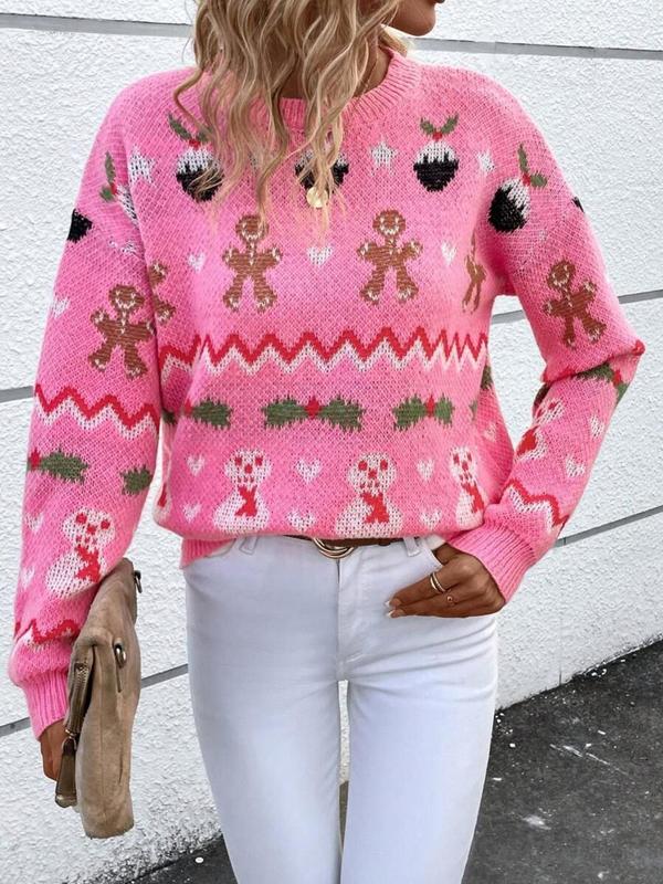 Christmas Deals Women's Christmas Print Drop Shoulder Sweater, Casual Long Sleeve Round Neck Jumper for Daily Wear, Ladies Knitwear for All Seasons, Christmas 2024 Trend