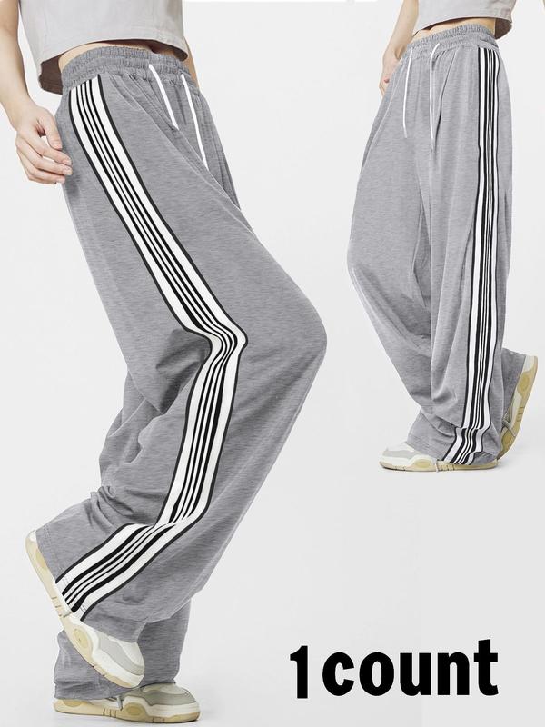Unisex Side Stripe Drawstring Waist Wide Leg Pants, Women's Casual Comfy Straight Leg Trousers for Daily Wear, Baggy Pants for Women, Casual Summer Bottoms, Ladies Bottoms for All Seasons