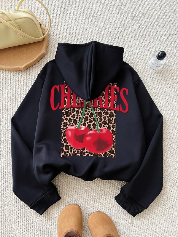 Women's Cherry & Letter & Leopard Print Drawstring Pocket Thermal Lined Hoodie, Casual Long Sleeve Hooded Sweatshirt for Fall & Winter, Women's Clothes for Daily Wear