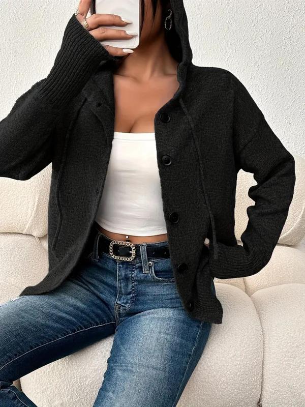 Women's Plain Button Front Drawstring Hooded Cardigan, Casual Drop Shoulder Long Sleeve Knitwear for Fall & Winter, Women's Knit Clothing for Daily Wear