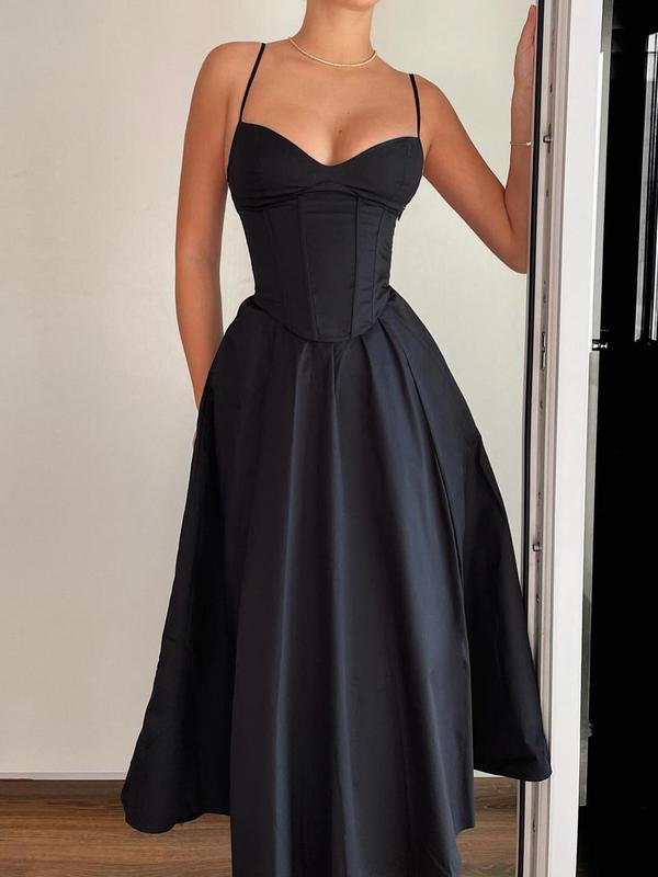 Women's Solid Backless Pleated Vintage Cami Dress, Dresses for Women, Elegant Adjustable Strap Midi Dress for Party Club Dating Wear, Ladies Summer Clothes Fall Wedding Guest Dress