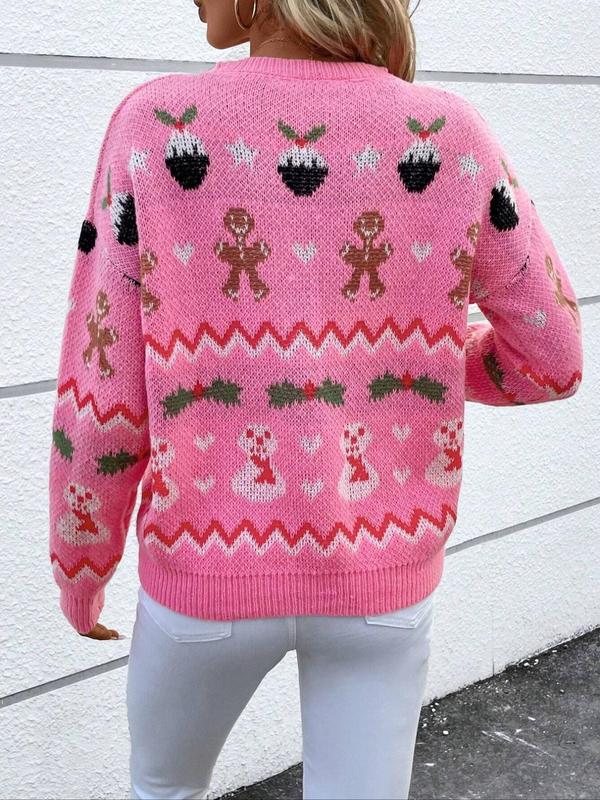 Christmas Deals Women's Christmas Print Drop Shoulder Sweater, Casual Long Sleeve Round Neck Jumper for Daily Wear, Ladies Knitwear for All Seasons, Christmas 2024 Trend
