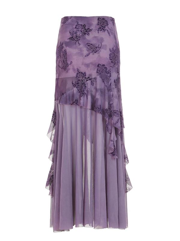 Women's Butterfly & Floral Print Ruched Tiered Layer Mermaid Skirt, Elegant Asymmetrical High Waist Maxi Skirt for Party Evening Formal Occasions, Ladies Bottoms for All Seasons