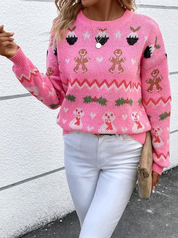 Christmas Deals Women's Christmas Print Drop Shoulder Sweater, Casual Long Sleeve Round Neck Jumper for Daily Wear, Ladies Knitwear for All Seasons, Christmas 2024 Trend