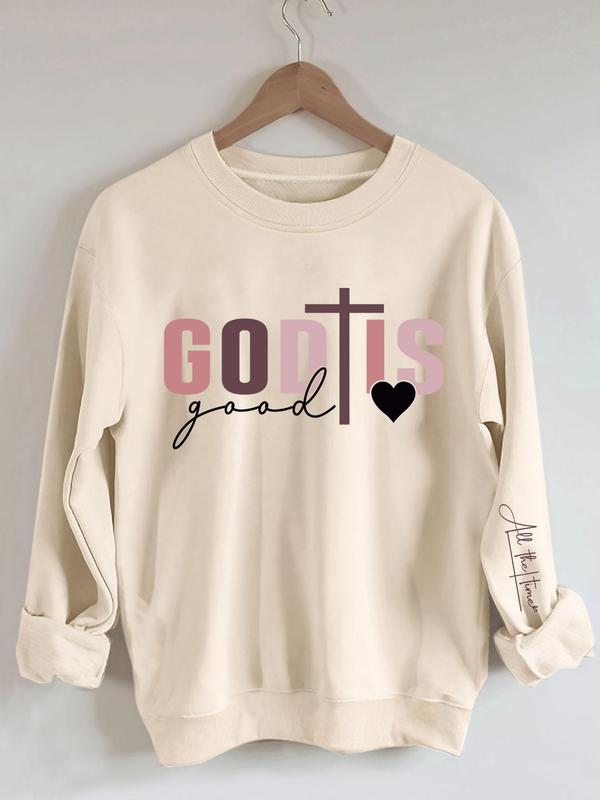Women's Cross & Heart & Letter Print Round Neck Sweatshirt, Casual Long Sleeve Pullover for Daily Wear, Ladies Summer Clothes