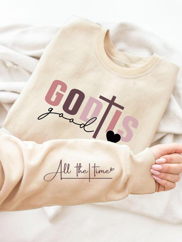 Women's Cross & Heart & Letter Print Round Neck Sweatshirt, Casual Long Sleeve Pullover for Daily Wear, Ladies Summer Clothes