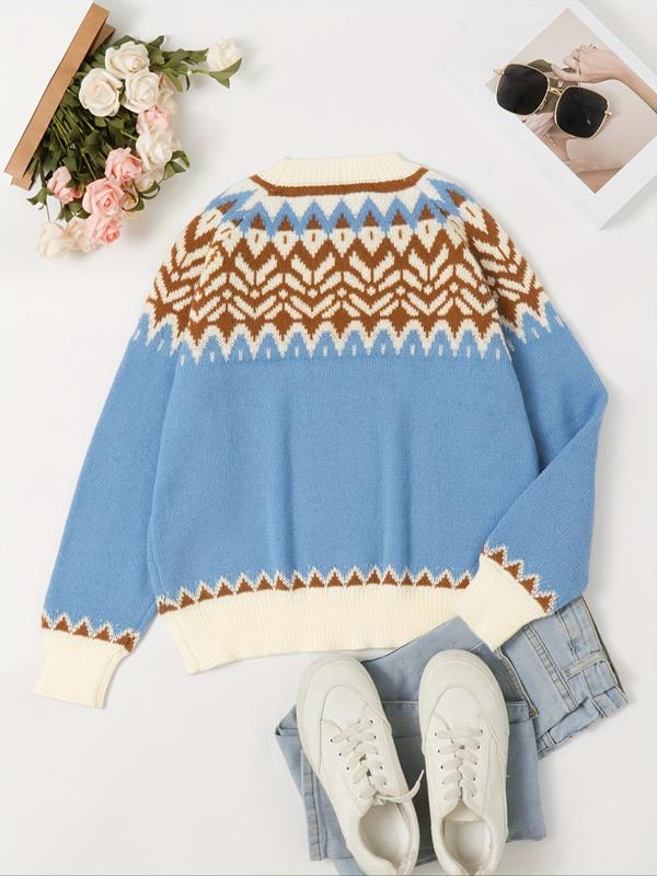 Women's Colorblock Geometric Print Raglan Sleeve Sweater, Casual Long Sleeve Round Neck Jumper for Fall & Winter, Fashion Ladies' Knitwear for Daily Wear