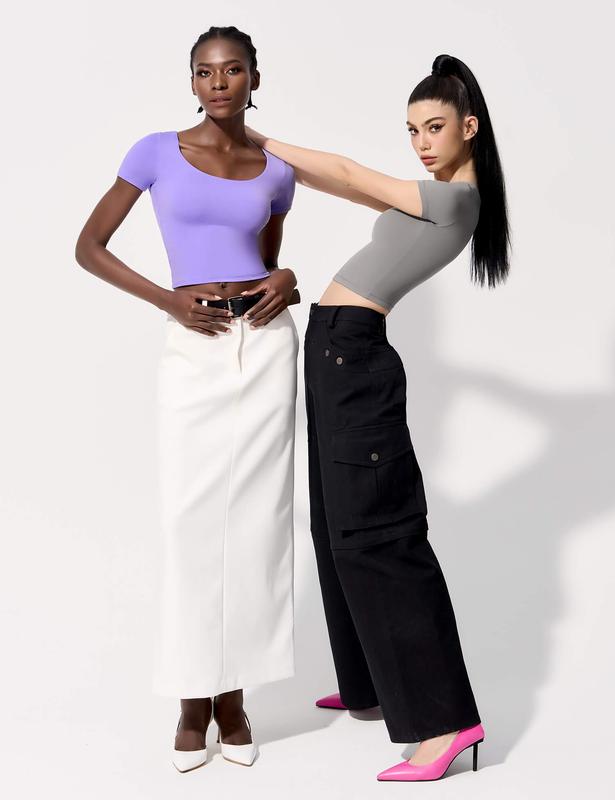 PUMIEY Women's Scoop Neck Short Sleeve T-Shirt Slim Fit Sexy Tops Womenswear Underwear Streetwear Minimalist Shortsleeve White Crop Top skims tee Lady Comfort Summer Tshirt Skinny