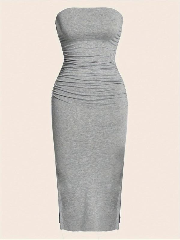 Women's Solid Ruched Split Hem Tube Dress, Dresses for Women, Summer Dresses 2024, Fashion Strapless Bodycon Midi Dress, Ladies Summer Clothes for Holiday Dating Daily Wear, Night Out Outfits, Womenswear