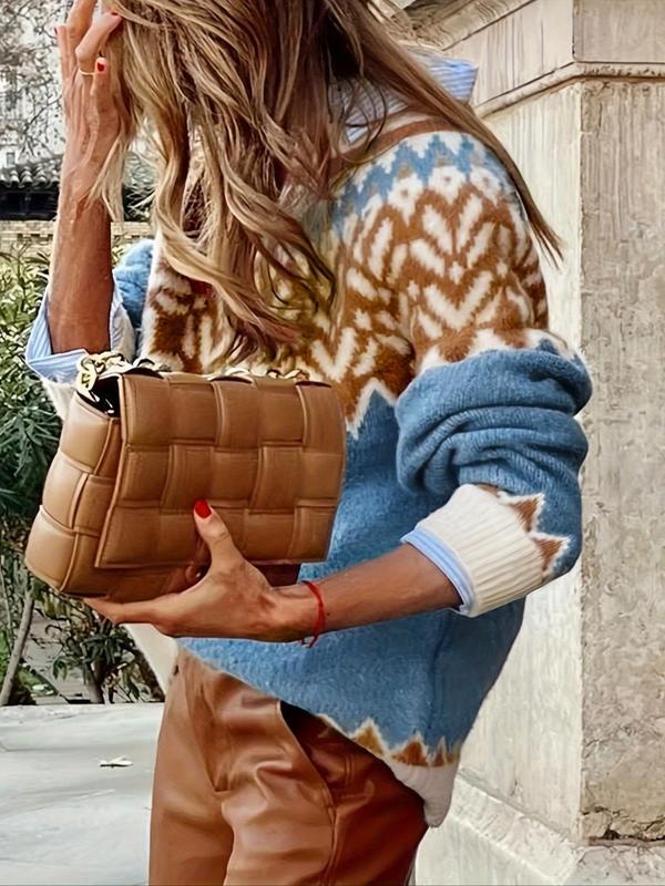 Women's Colorblock Geometric Print Raglan Sleeve Sweater, Casual Long Sleeve Round Neck Jumper for Fall & Winter, Fashion Ladies' Knitwear for Daily Wear