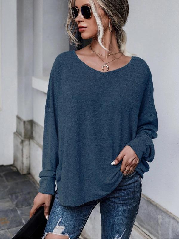 Women's Plain Tie Backless Batwing Sleeve Tee, Elegant V Neck Long Sleeve T-Shirt for Spring & Fall, Ladies Clothes for Daily Wear