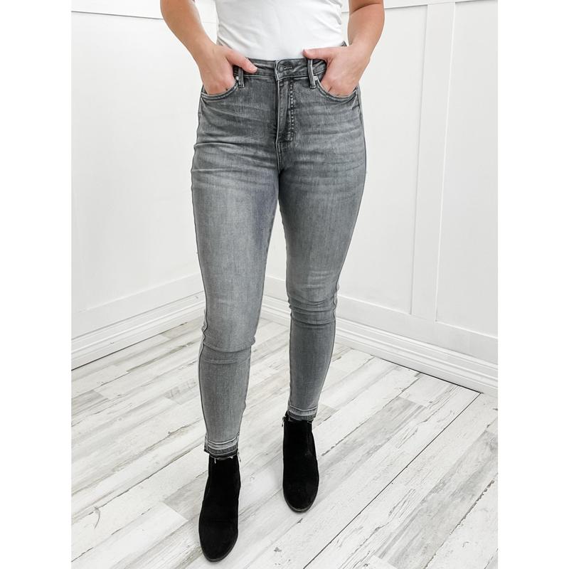 Judy Blue KYLER Grey High Waist Tummy Control Release Hem Skinny Jeans